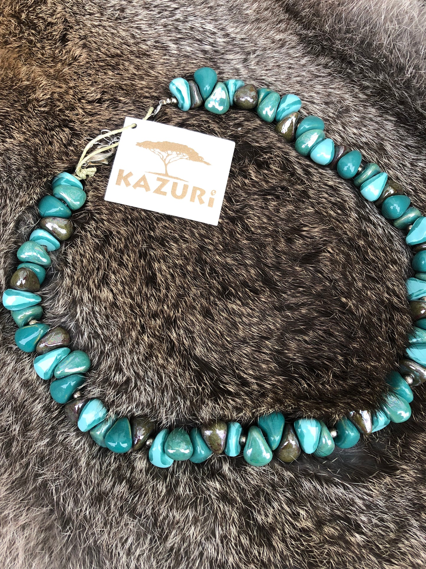 Kazuri ketting blauwgroen/bruin