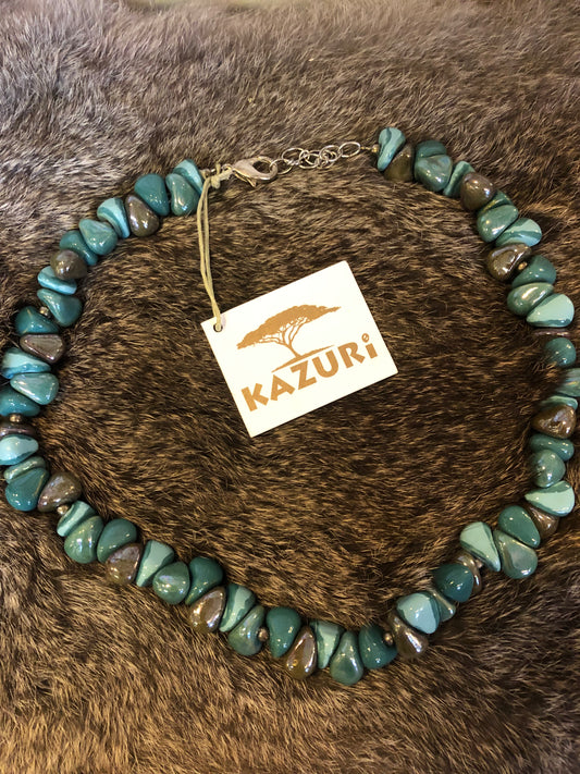 Kazuri ketting blauwgroen/bruin